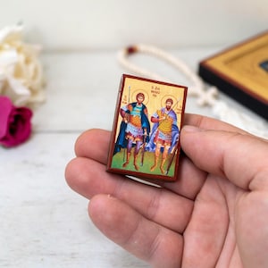 Saints Theodore Pocket Wooden Christian Icon on Silk Canvas Intricate Detail Handmade Icon Small to Carry Everywhere