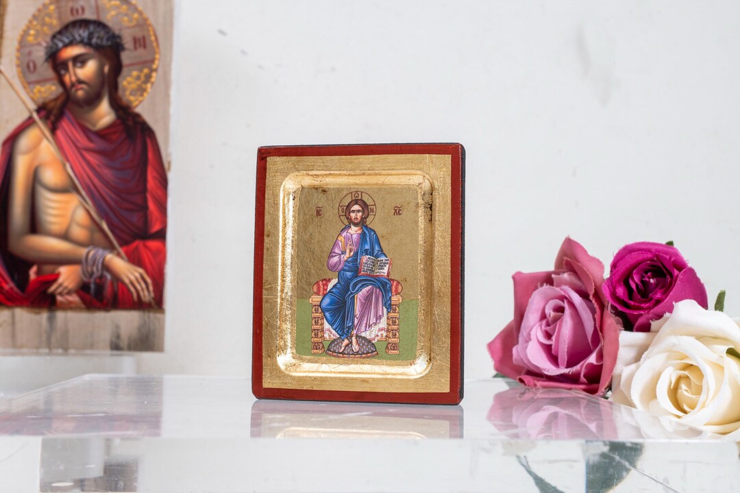 Jesus Christ on Throne Small Wooden Icon With Gold Leaf, Byzantine Art ...