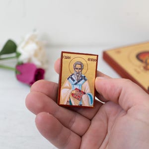 Saint Eutychius Pocket Wooden Christian Icon on Silk Canvas Intricate Detail Handmade Icon Small to Carry Everywhere