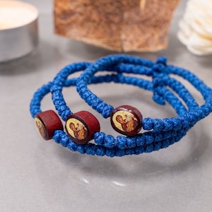 Komboskini with tiny wooden icon of the Virgin Mary on both sides ( 1Pcs) Blue  Color Christian Bracelet, Waxed Thread with Beads.