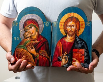 Exquisite Big Wooden Diptych Icon with the Jesus Christ and Holy Theotokos – Greek Orthodox Treasure for Inspiring Home Decor.
