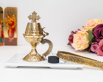 Small Brass Incense Burner Carved Full set with Tong Charcoals and Incense - Perfume burner - with handle Christian Artefact With free Gifts