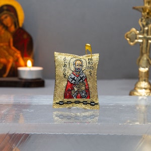 Authentic Gold-Embroidered Greek Amulet with Saint Nikolaos and  the Virgin Mary .