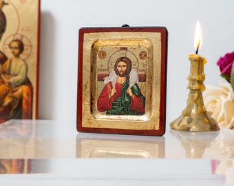 Jesus Christ icon The Good Shepherd in Small Wooden Handmade Icon Aging Technique Byzantine art in a gold leaf With amazing details.