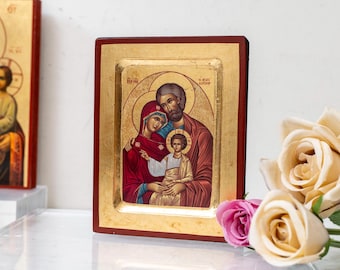 Handcrafted Holy Family Icon in Gold Leaf, Byzantine Style, Aged Wood