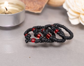 Monastic ring komboskini in Black color 1Pcs with Red Beads  - Prayer Ringer, Prayer Rope -Thread waxed thin with beads - Christian Gift.