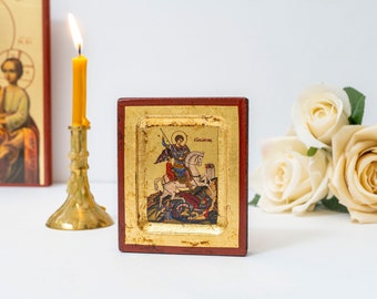 Saint George in Small Wooden Icon with  Aging Technique in Golden Leaf . Byzantine art With amazing details.