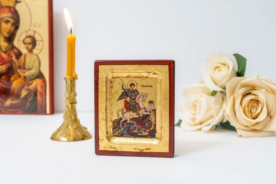 Saint George in Small Wooden Icon with  Aging Technique in Golden Leaf . Byzantine art With amazing details.