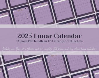 Mondkalender 2025 | Digitaler Download | Druckbarer Jahres- und Monatskalender 2025 | PDF-Kalender zum Ausdrucken zu Hause | Vollmond | Neumond
