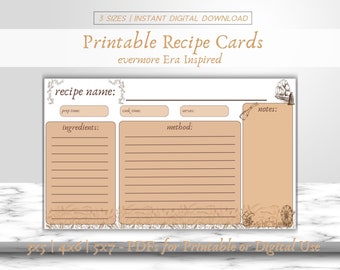 evermore Era Inspirierte Rezept Karten Vorlage | DIY Backen, Cocktail, Mocktail-Rezepte | Eras Motto Party | Sofortdownload | 3x5, 4x6, 5x7