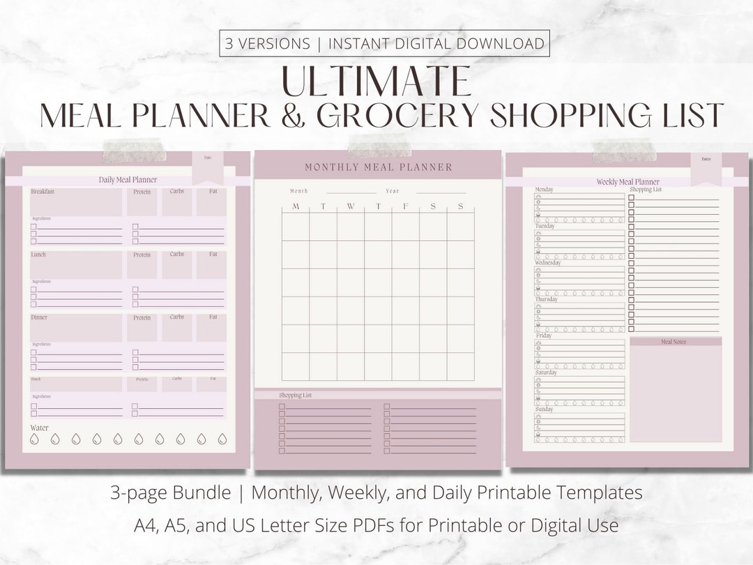 Meal Planner and Grocery List Printable Template | Daily Food Diary and ...