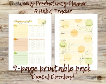 Wellness Habit Tracker und Produktivitätsplaner, Wöchentliche und Tägliche Selbstpflege Gewohnheiten und Produktivitätsziele, Undatierte druckbare Planer-Seiten