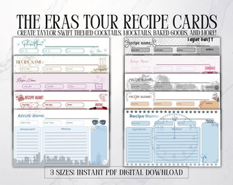 Taylor Swift Eras Rezeptkarten | Eras Motto Party | 5x7 Rezeptkarten druckbar | 3x5 Rezeptkarten | Bar Rezeptkarten | Handgeschriebenes Rezept