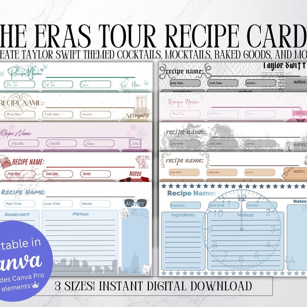 Taylor Swift Eras Tour Recipe Cards | Canva Recipe Template | Eras Themed Party | 5x7 Recipe Cards Printable | 4x6 Editable Recipe Cards