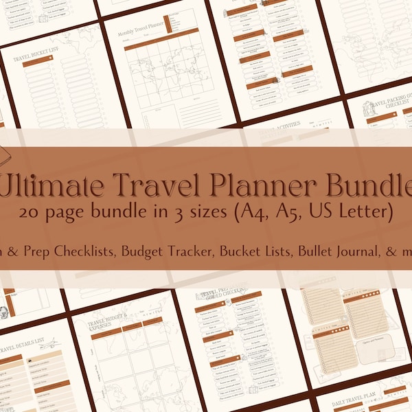 Ultimate Vacation Planner Bundle Printable, Travel Itinerary and Checklists for Travel Essentials & Packing List, Travel Journal, Roadtrip