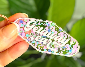 Getaway Car Keychain, Acrylic Keychain, Confetti Keychain, Motel Keychain, Keychain, Gift