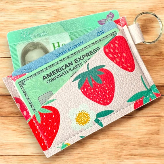 Card Wallet Keychain, Leatherette Wallet, Card Holder, Strawberry Wallet, Lightweight Card Holder, Cute Wallet, Minimalist Wallet, Accessory