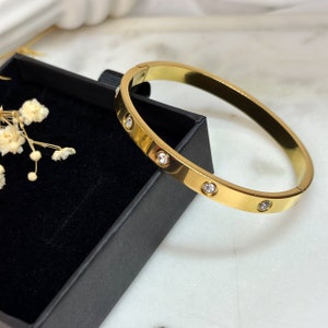 Bangle Bracelets, Cubic Zirconia Stones, Minimalist Bracelet, Stainless Steel 18k Gold Plated Bangle, Gift for Her