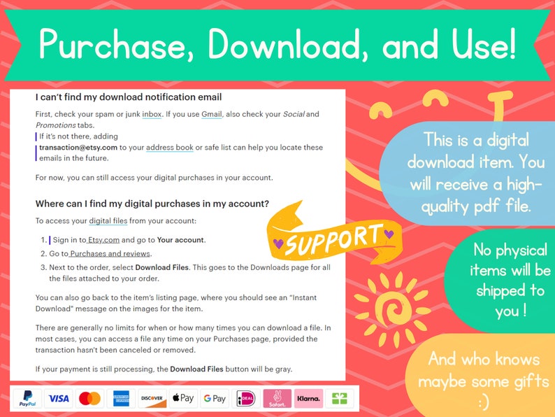 Op de afbeelding: Een roze, groene en gele afbeelding met de tekst "Kopen, downloaden en gebruiken!" De afbeelding legt uit hoe je toegang krijgt tot digitale downloads op Etsy.com. Het bevat een lijst met stappen en een sectie met de titel "Support".