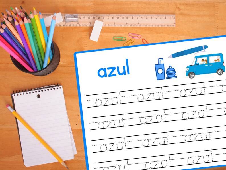 Pode incluir: Uma folha de trabalho azul e branca com a palavra "azul" no topo. A folha de trabalho tem linhas pontilhadas para tra&ccedil;ar a palavra "azul" v&aacute;rias vezes. H&aacute; uma van azul com passageiros, um copo azul com um canudo e um hamb&uacute;rguer na folha de trabalho.