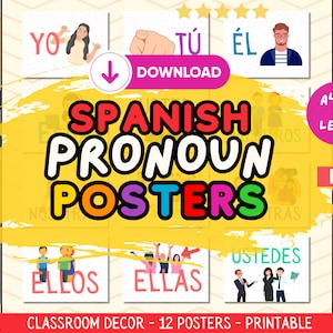 Spanish Pronouns Classroom Poster Set, Educational Wall Art Decor, Bilingual Display, A Gift for Spanish Teachers, Printable Resources, PDF