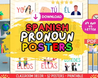 Spanish Pronouns Classroom Poster Set, Educational Wall Art Decor, Bilingual Display, A Gift for Spanish Teachers, Printable Resources, PDF