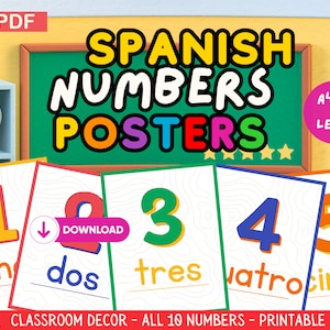 Spanish Numbers Classroom Poster Set, Educational Wall Art Decor, Bilingual 123, A Gift for Spanish Teachers, Printable Resources, PDF