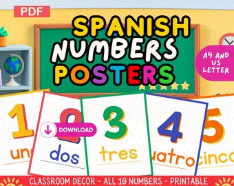 Spanish Numbers Classroom Poster Set, Educational Wall Art Decor, Bilingual 123, A Gift for Spanish Teachers, Printable Resources, PDF