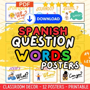 Ensemble d’affiches de mots de questions espagnols, décor d’art mural éducatif, affichage d’expressions bilingues, carteles, téléchargement, ressources imprimables, PDF