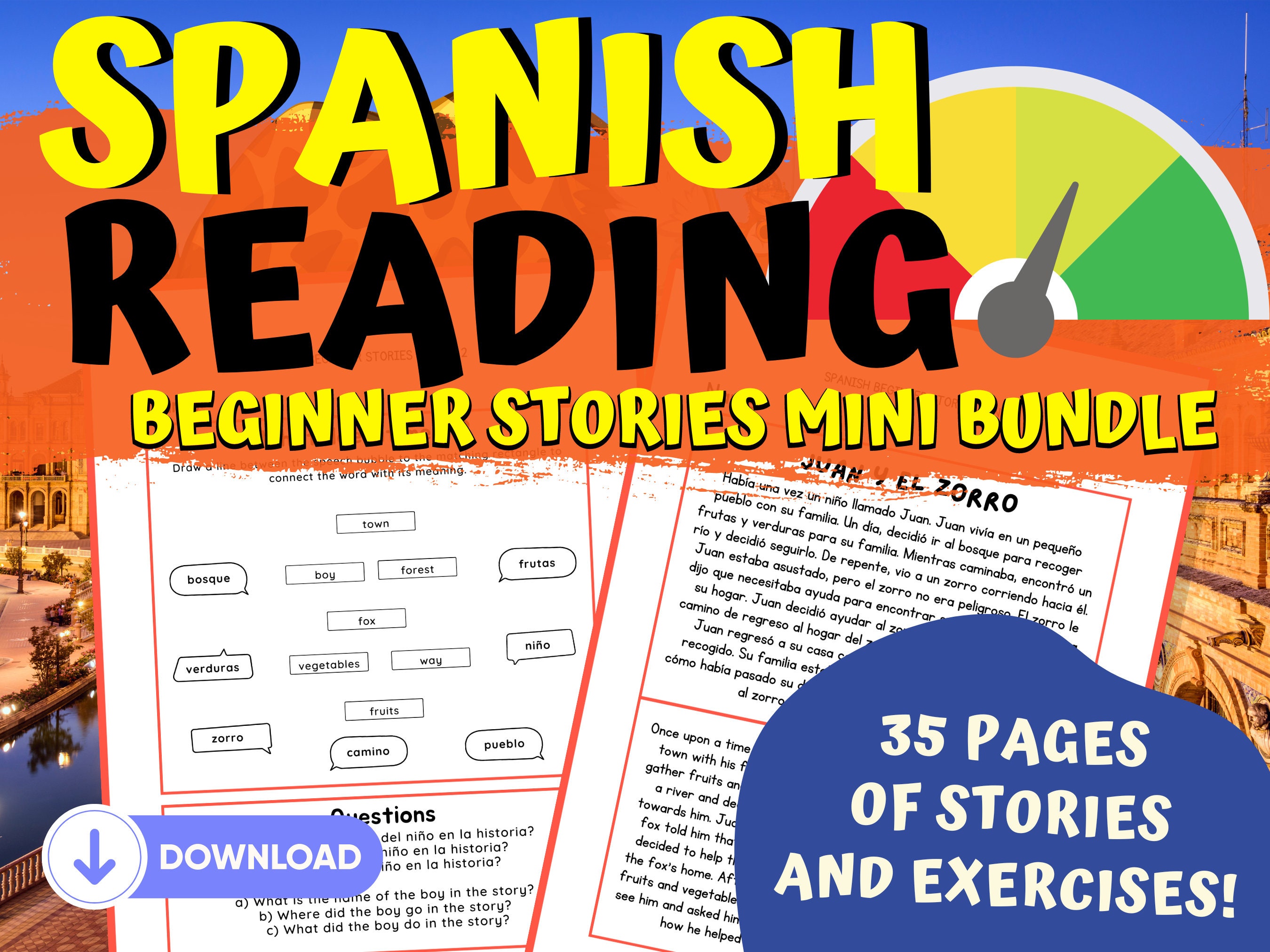 Spanish Beginner Worksheets Mini Bundle, Stories With Vocabulary