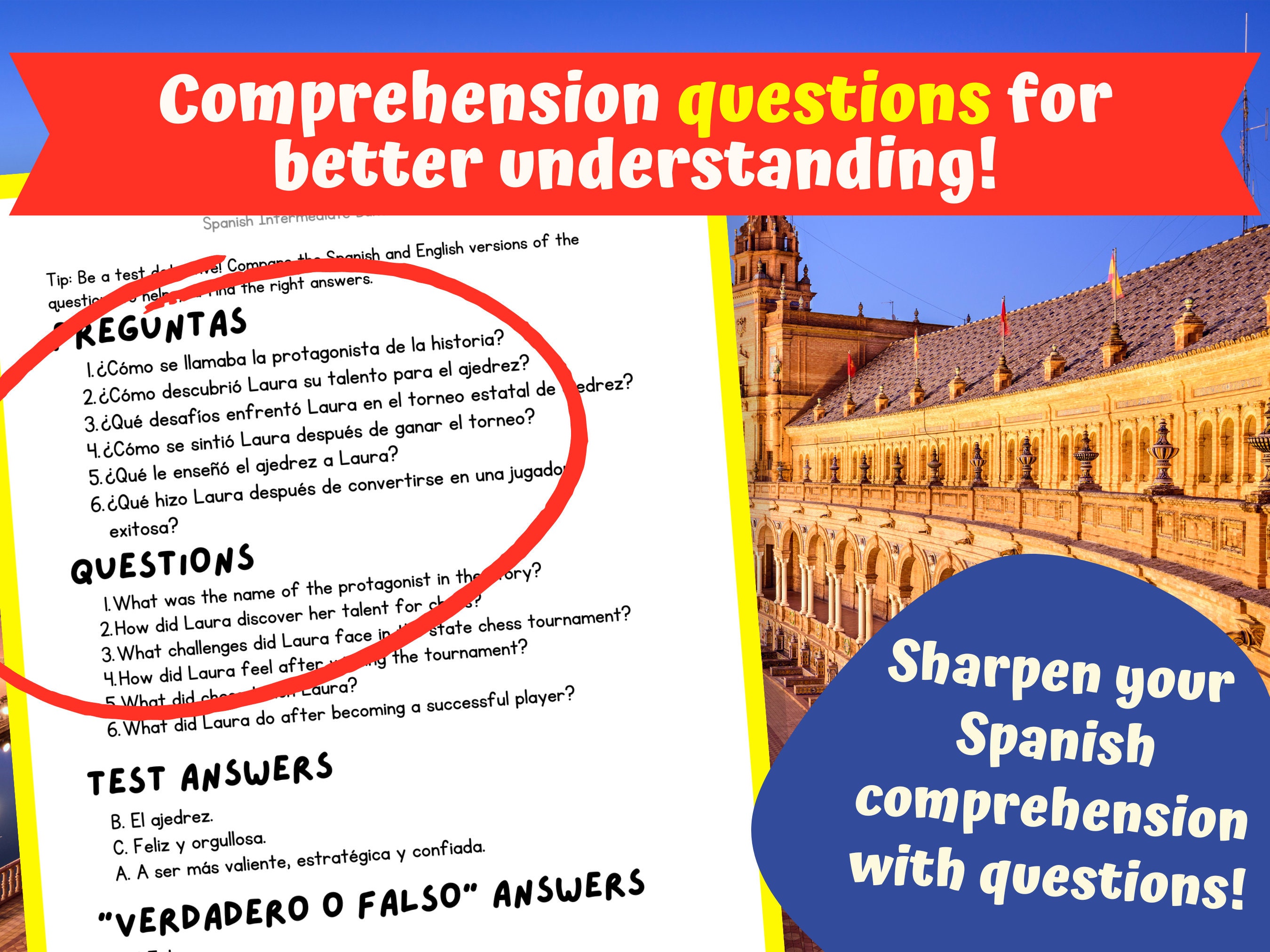 Spanish Intermediate Worksheet Bundle, Stories, Vocabulary, Printable