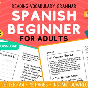 Spanish Beginner Worksheets For Adults, Reading Comprehension, Printable Workbook, Learn Grammar, Lessons, Study Guide, Instant Download,PDF