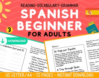 Spanish Beginner Worksheets For Adults, Reading Comprehension, Printable Workbook, Learn Grammar, Lessons, Study Guide, Instant Download,PDF