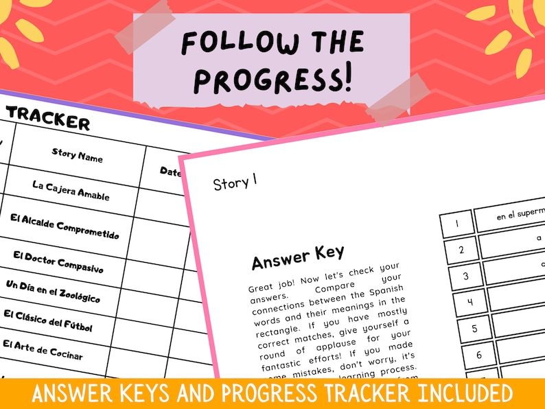 Op de afbeelding: Een zwart-witte voortgangsmeter voor Spaanse taalstudenten. De tracker bevat een lijst met verhaalnamen en een datumkolom. De tracker bevat ook een antwoordensleutel met instructies voor het controleren van antwoorden.