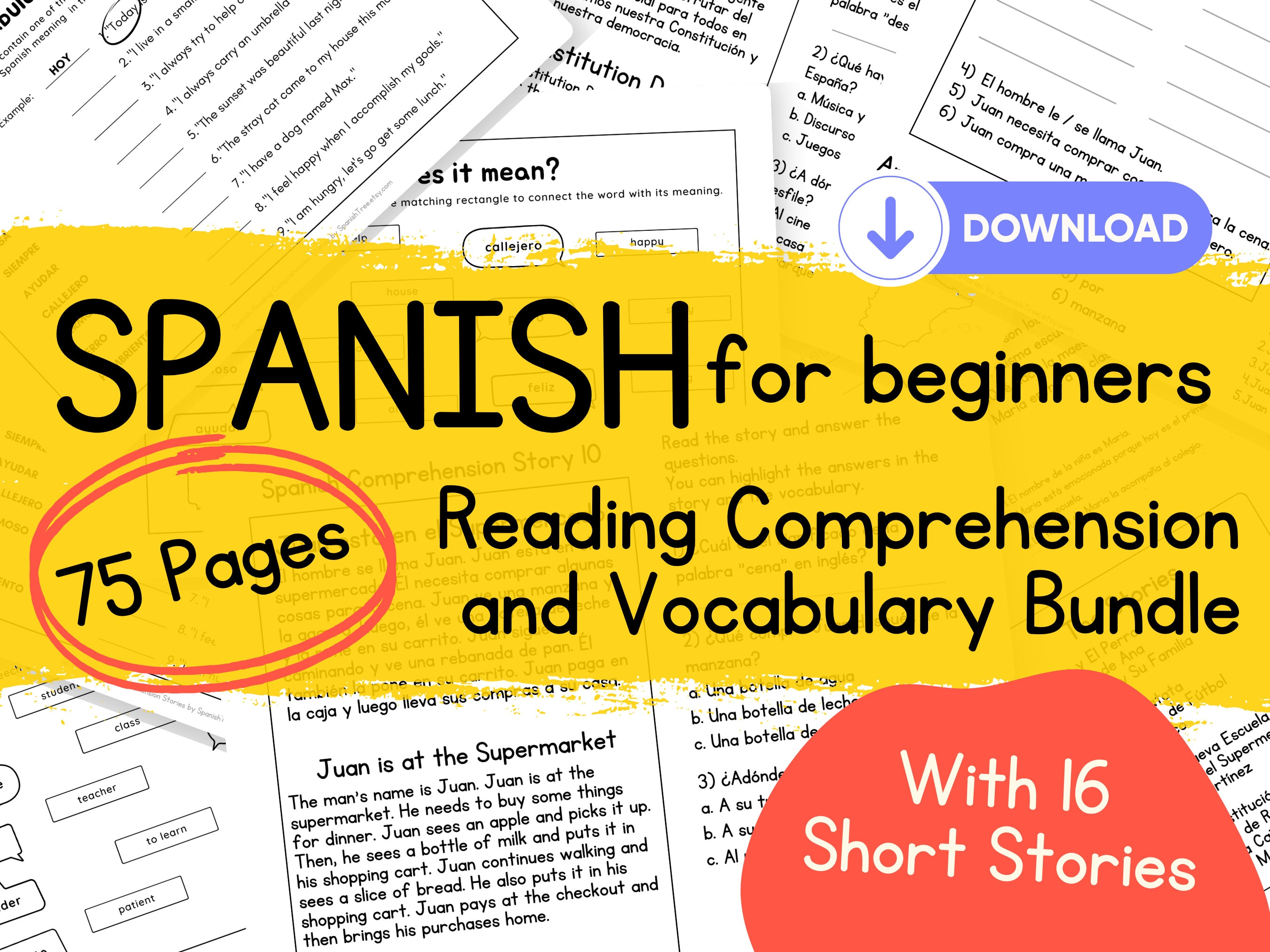 Spanish Beginner Worksheet Bundle, Stories With Vocabulary, Printable
