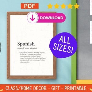 Arte della parete della definizione spagnola, decorazione della classe stampabile, risorse per insegnanti bilingue, tipografia moderna, download digitale istantaneo, PDF