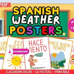 Conjunto de carteles meteorológicos en el aula en español, decoración educativa de arte mural, exhibición bilingüe, un regalo para profesores de español, recursos imprimibles, PDF