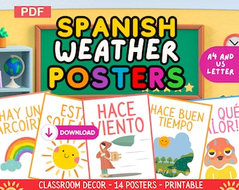 Spanish Weather Classroom Poster Set, Educational Wall Art Decor, Bilingual Display, A Gift for Spanish Teachers, Printable Resources, PDF