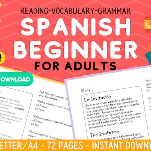 Spanisch Anfänger Arbeitsblätter für Erwachsene, Leseverstehen, druckbares Arbeitsbuch, Lernen von Grammagramm, Lektionen, Studienführer, Sofortiger Download, PDF