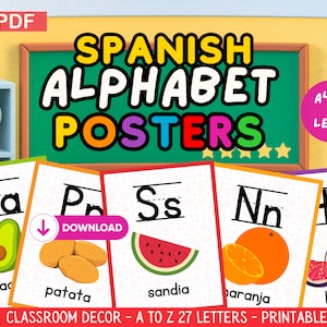 Spanish Alphabet Classroom Poster Set, Fruits&Vegetables, Educational Wall Art Decor, Bilingual ABC, A Gift for Spanish Teachers, PDF