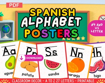 Spanish Alphabet Classroom Poster Set, Fruits&Vegetables, Educational Wall Art Decor, Bilingual ABC, A Gift for Spanish Teachers, PDF