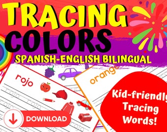 Páginas bilíngues de rastreamento de cores, espanhol, inglês, planilhas de jardim de infância, aprender a escrever, Montessori, ensino em casa, aprender cores, para impressão