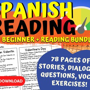Spanish Beginner Worksheet Bundle, Stories, Vocabulary, Printable Spanish Reading Comprehension for Beginners, PDF, Learn Spanish, Download