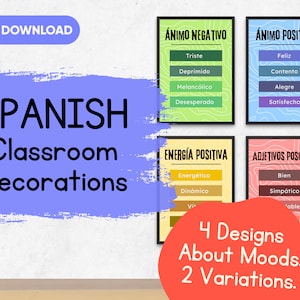 Spanish Classroom Printable Poster Set- Moods&Adjectives -Educational Posters for Spanish Teachers, Kids, Elementary School, High School