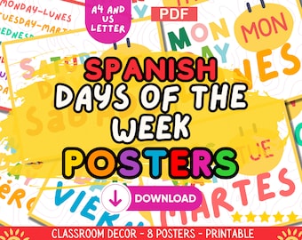 Spanish Days of the Week Classroom Poster Set, Educational Wall Art Decor, Bilingual Display, Digital Download, Printable Resources, PDF