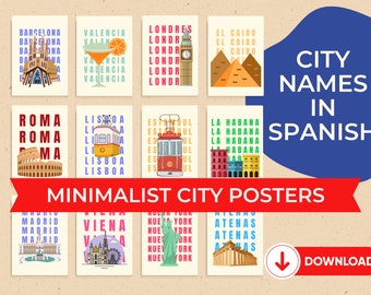 Carteles minimalistas de la ciudad para el aula de español, para profesores de español, arte de pared imprimible, decoración del aula de español, descarga digital, PDF
