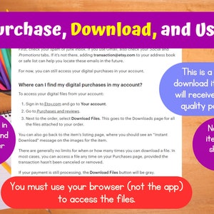 Pode incluir: Uma imagem colorida com texto que explica como comprar, baixar e usar um item de download digital. O texto indica que o item &eacute; um arquivo PDF de alta qualidade e que nenhum item f&iacute;sico ser&aacute; enviado. A imagem tamb&eacute;m inclui instru&ccedil;&otilde;es sobre como acessar as compras digitais no Etsy.