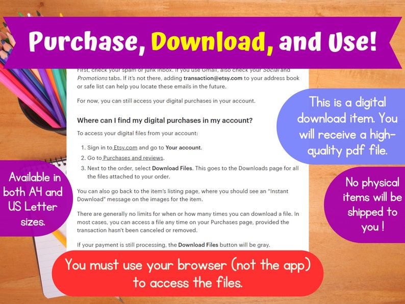 Pode incluir: Uma imagem colorida com texto que explica como comprar, baixar e usar um item de download digital. O texto indica que o item &eacute; um arquivo PDF de alta qualidade e que nenhum item f&iacute;sico ser&aacute; enviado. A imagem tamb&eacute;m inclui instru&ccedil;&otilde;es sobre como acessar as compras digitais no Etsy.