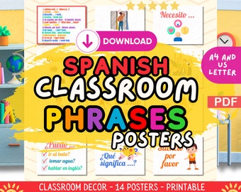Spanish Classroom Phrases Poster Set, Educational Wall Art Decor, Bilingual Expressions Display, Carteles, Download, Printable Resources,PDF