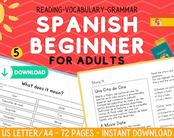 Spanish Beginner Worksheets For Adults, Reading Comprehension, Printable Workbook, Learn Grammar, Lessons, Study Guide, Instant Download,PDF